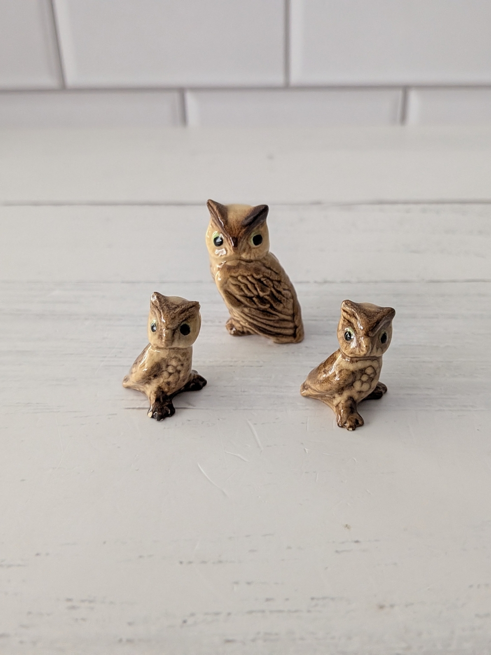 Hagen Renaker Miniature Owl Family Porcelain Figurines Set of 3 Vintage